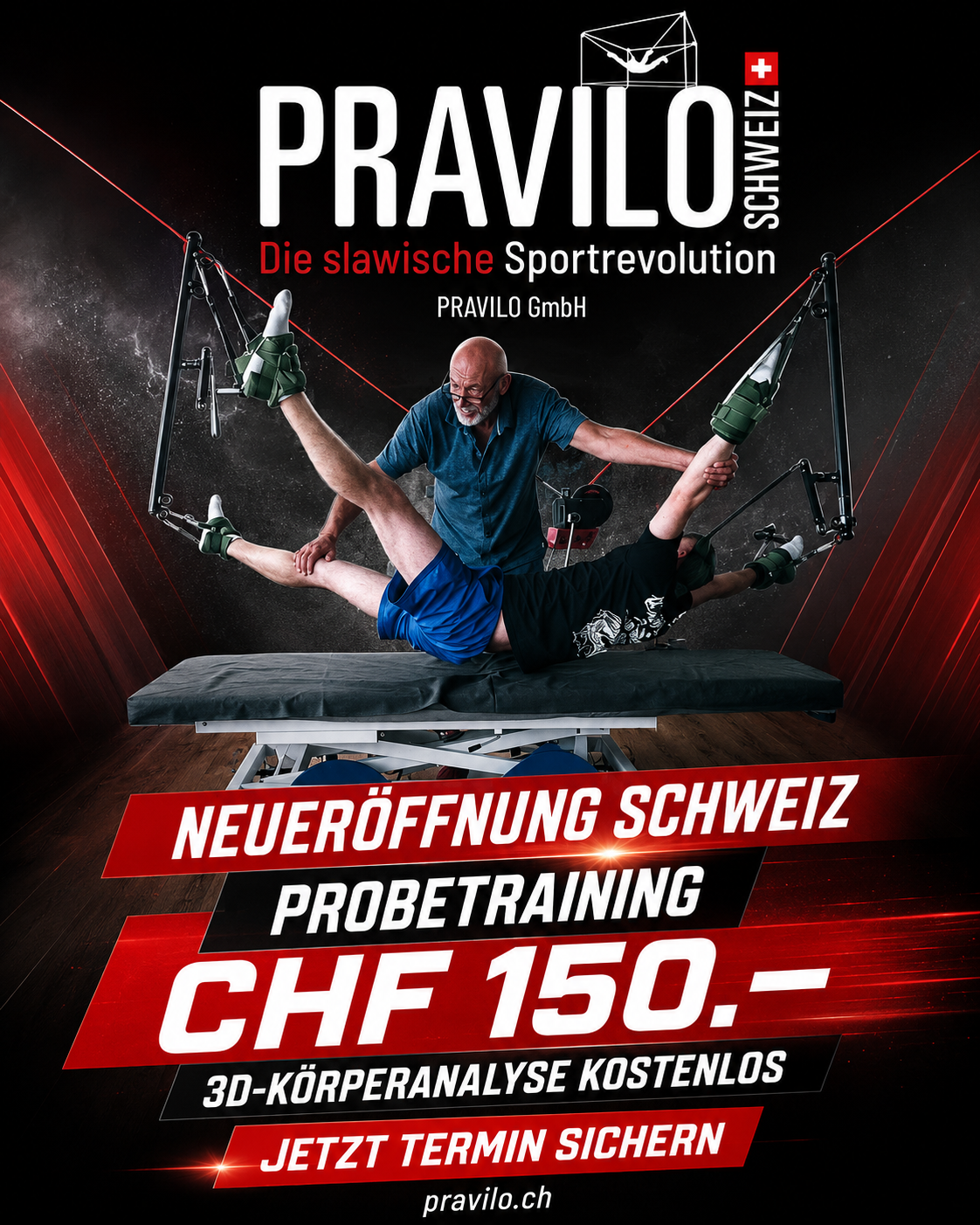 PRAVILO Schweiz: Neueröffnung, Probetraining für CHF 150 inklusive kostenloser 3D-Körperanalyse. Jetzt Termin sichern.