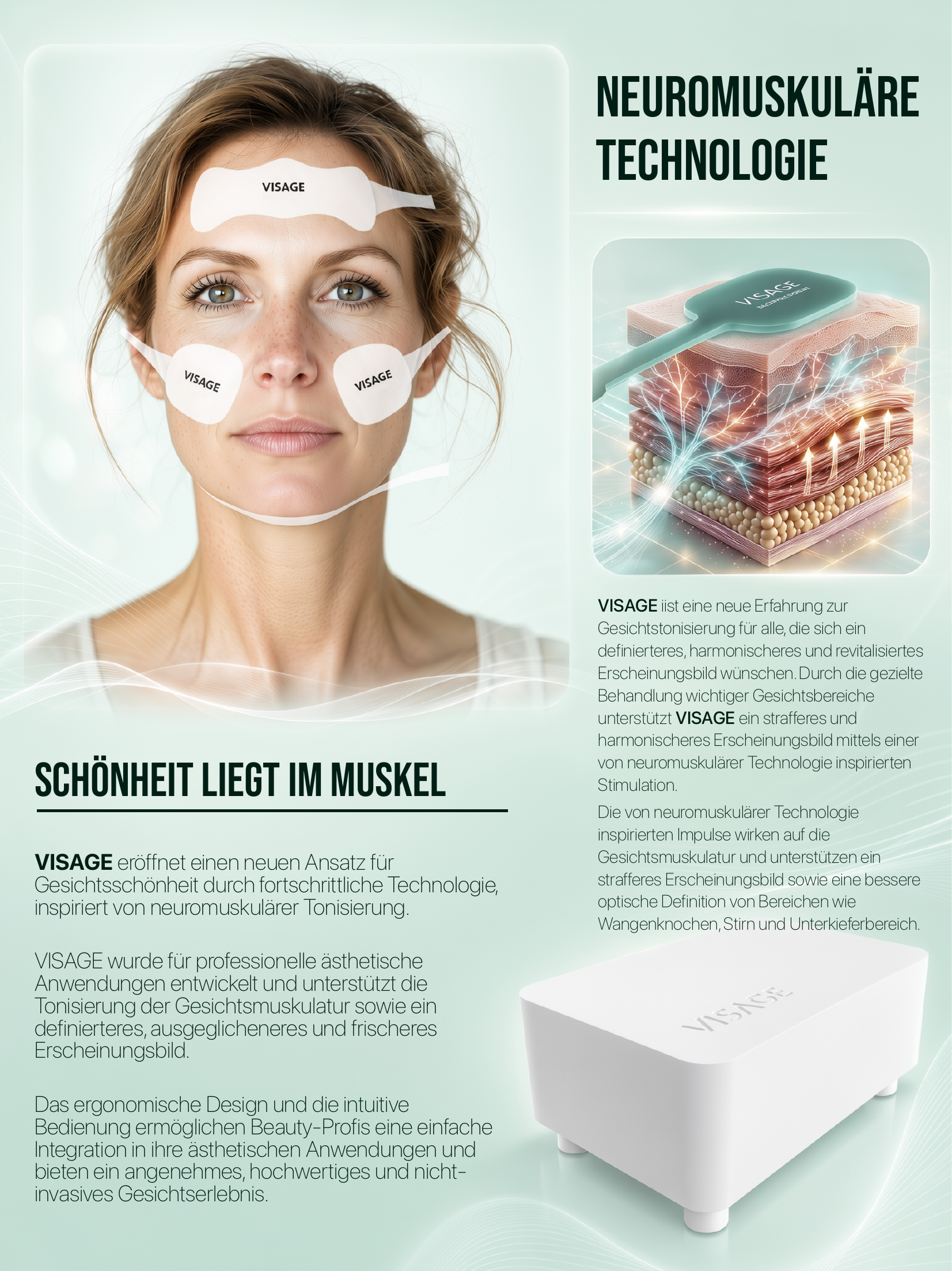 Originalbrosch&uuml;re: neuromuskul&auml;re WONDER VISAGE Technologie, Gesichtspads, Ger&auml;t und Wirkprinzip